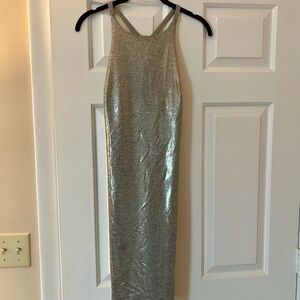 White House Black Market Shimmering Silver Backless Dress